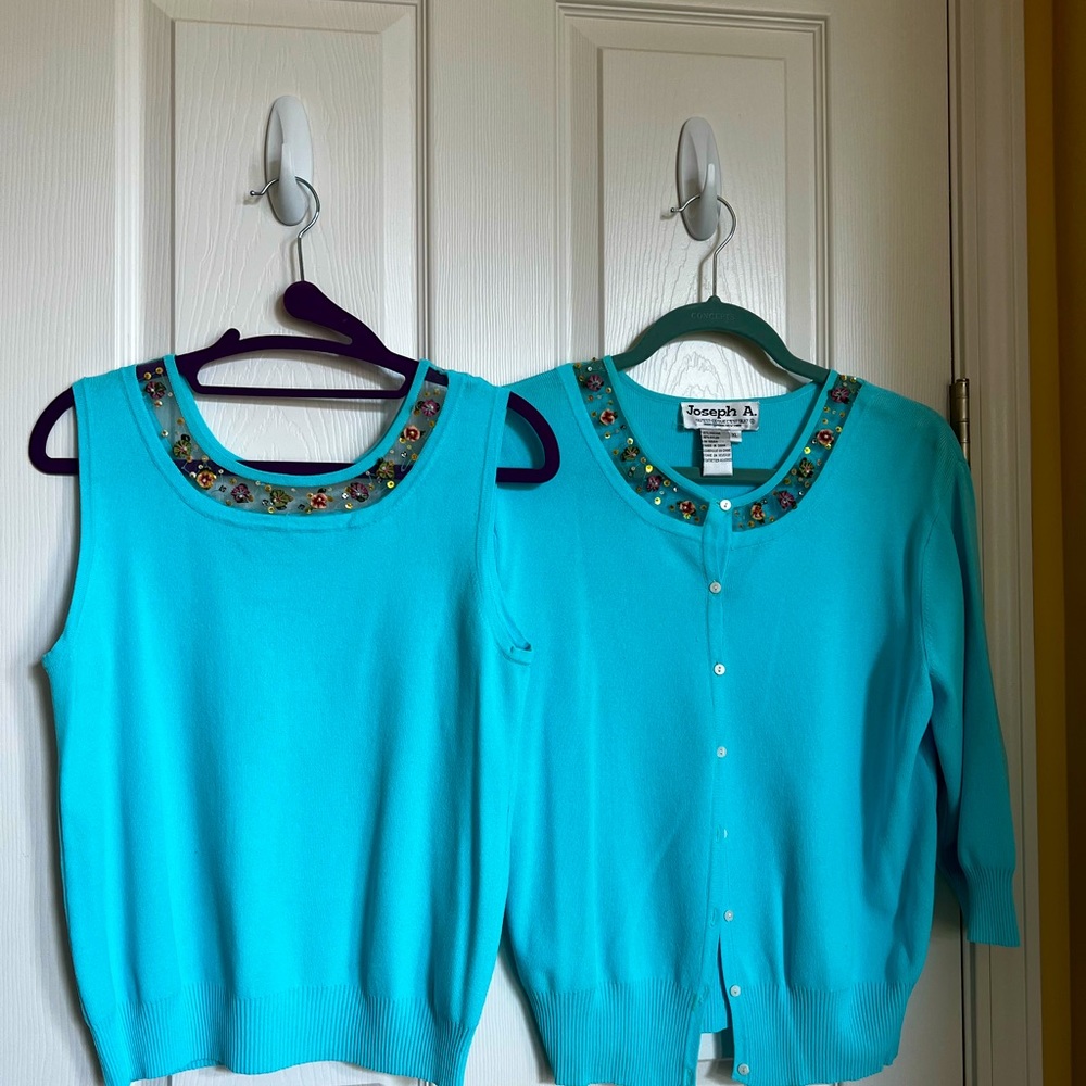 Joseph A. Turquoise, handmade floral, & beaded sheer collar, twin set. X-Large